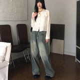 キリプサイドピンタックバルーンフィットビンテージウォッシュドワイドデニムパンツ