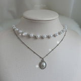 Elegant Layered Pearl Choker Necklace - Silver color