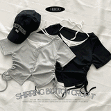 シャーリングリボンレイヤードボタンクロップ半袖Tシャツ