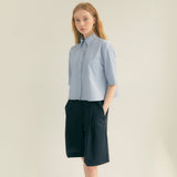 ストライプリンクルポケットクロップシャツ / Stripe Wrinkle Pocket Crop Shirt (Light blue)