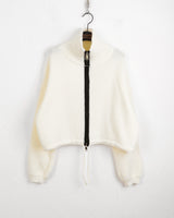 LB wool color combination ribbed string knit zip-up
