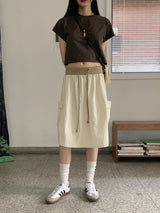 ポシカラーシャーリングポケットナイロンミディスカート / Poshi color shirring pocket nylon midi skirt