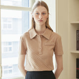 [LINE] Unbalanced Ribbed Polo T-shirt (Camel) (6696647786614)