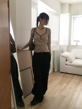 Zenki Vintage Button Ribbed Slim V-Neck T-Shirt