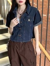 ブベルセミクロップド半袖デニムシャツジャケット / Bubel semi-cropped short-sleeved denim shirt jacket