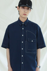 UTILITY CURVED POCKET OXFORD 1/2 SHIRT NAVY (6561040367734)