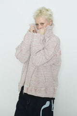 Raw Cut Detail Tweed Trucker Jacket Ivory & Red