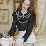 Flower Embroidered Pintuck Blouse (Black) (6681231491190)
