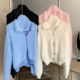 Angora hood knit zip-up