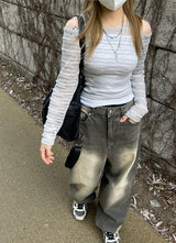 ビンテージダーティーウォッシュドデニムワイドパンツ / Vintage dirty washed denim wide pants