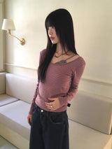 Gtel Vintage Striped Deep U-Neck Long Sleeve T-Shirt