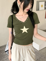 ヒッシャーY2Kスターアイレットフード半袖Tシャツ / Hisher Y2K Star Eyelet Hooded Short Sleeve T-shirt