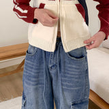 Turbin strap cargo pocket washing denim long wide pants