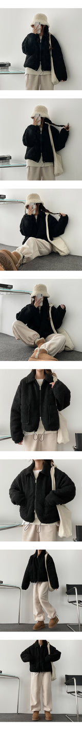 [Quilted] Two-way String Dumble Wool Collar Pocket Zip-Up Jumper
