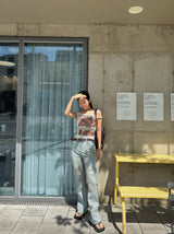 Belted light blue bootcut denim pants