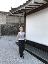 romantic lovely ribbon choker frill ribbed T-shirt