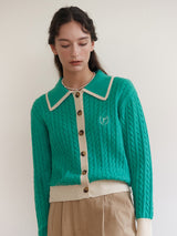 BUTTON COLLAR CABLE CARDIGAN GREEN