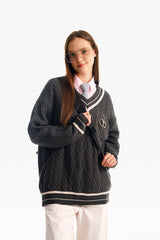 ミドルチェリーツイストⅤネックニット／MIDDLE CHERRY TWIST V-NECK KNIT [GRAY CHARCOAL]