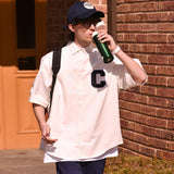 Cパッチユニセックス半袖オクスフォードシャツ / C Patch Short-Sleeved Unisex White Oxford Shirt