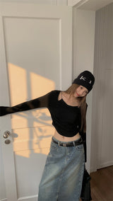 Must-have shirring long-sleeved T-shirt