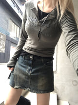 vintage layered unbalanced cargo denim pantskirt