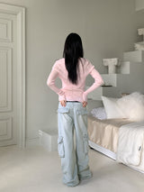 Washed Pocket Cargo Light Blue Long Wide Denim Pants