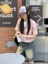 フリーンナイロンポケットストリングクロップ半袖ジップアップ / Frean nylon pocket string crop short-sleeved zip-up