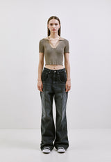 セミブーツカット ワイド ピンタック デニムパンツ /  CHARMS SEMI BOOTCUT  WIDE PINTUCK DENIM PANT BK