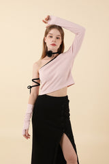 Strap Off Shoulder Warmer T-shirt Pink