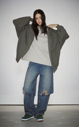  BLUR HEART LOOSE HOODIE ZIP UP_KHAKI