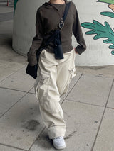 バイオウォッシングコットンワイドクリームカーゴパンツ / Bio-washing Cotton Wide Cream Cargo Pants