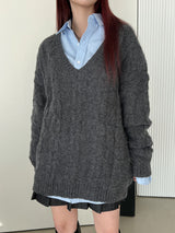 ウールVネックツイストニット/Wool V-neck Twist Knit (3color)