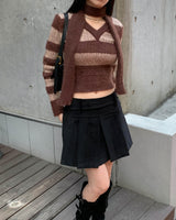 Crop stripe muffler knit set