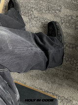 No.0372 double knee black denim wide PT