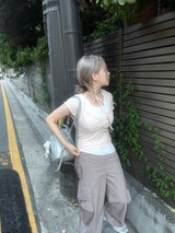 romantic lovely ribbon choker frill ribbed T-shirt