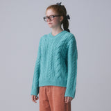 V-NECK CABLE KNIT PULLOVER, BLUE