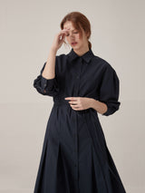 Volume sleeve cotton shirts dress - Navy (6671617523830)