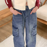 Turbin strap cargo pocket washing denim long wide pants