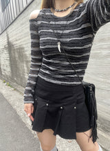 エスニックショルダースリットストライプTシャツ / Ethnic Shoulder Slit Stripe Tee