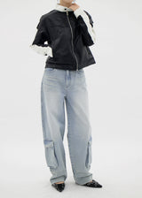 レイシングカラーマッチングレザージャケット / Racing color matching leather jacket (2color)