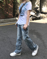 y2k ブルーホワイトローズテイルTシャツ
