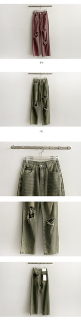 Deep washing damage color denim wide pants