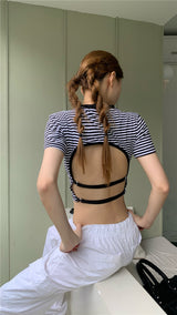 striped backless short sleeve top