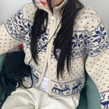 Sikok Snow Flower Nordic Pattern Two-Way Knit Zip-Up Cardigan