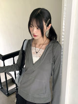 RtiビンテージVネックレースフード長袖Tシャツ