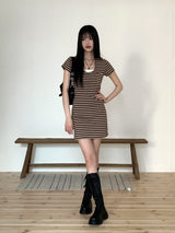 ローナビンテージストライプカラー半袖ミニワンピース/ Rona Vintage Stripe Collar Short Sleeve Mini One Piece