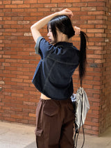 ブベルセミクロップド半袖デニムシャツジャケット / Bubel semi-cropped short-sleeved denim shirt jacket