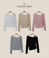 片面オフショルダーシャーリングTシャツ(5color)