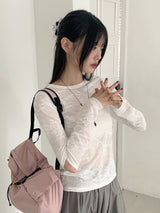 Pezzle see-through paisley slit cropped long-sleeved T-shirt