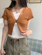 コシットレースボタンVネッククロップド半袖カーディガン / Cosit lace button V-neck cropped short-sleeved cardigan